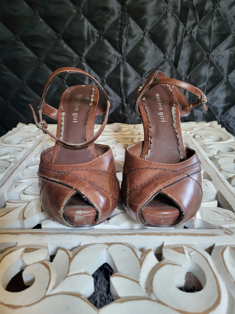 Madden Girl Brown Leather Peep-Toe Ankle Strap Heels